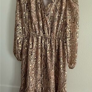 LOFT Long Sleeve Paisley Dress in Brown and Gold